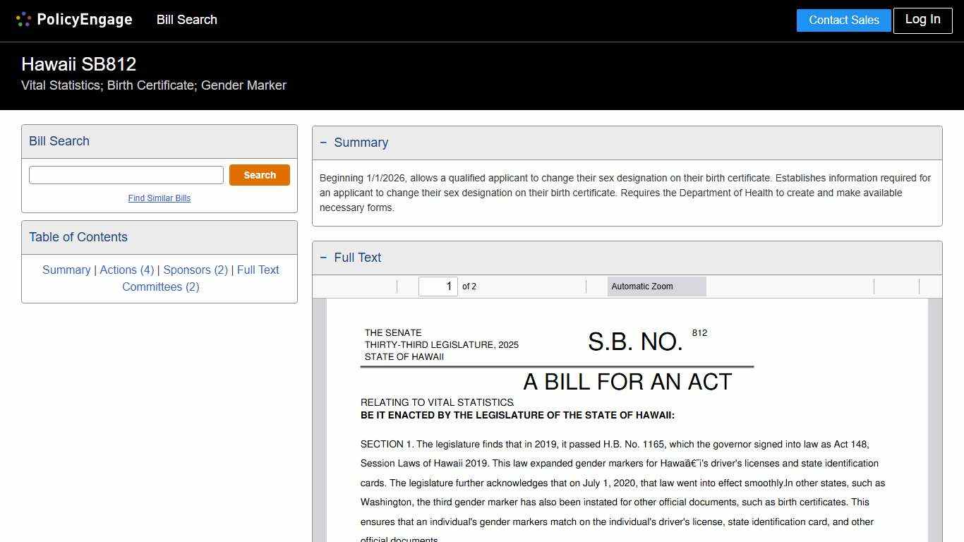 SB812 Hawaii 2026 Vital Statistics; Birth Certificate; Gender Marker - Legislative Tracking PolicyEngage